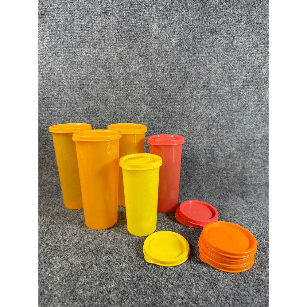 Vintage Tupperware Stackable Tumblers Set with Lids Yellow Orange Red 5pc